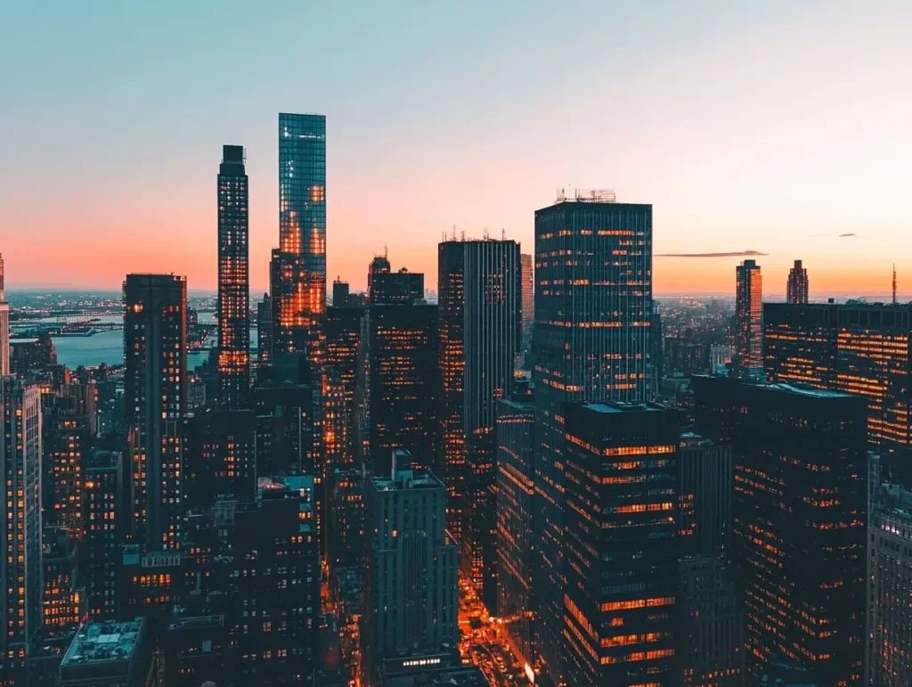 Dramatic American city skyline at sunset with tall buildings and glowing windows, perfect for national news website background
