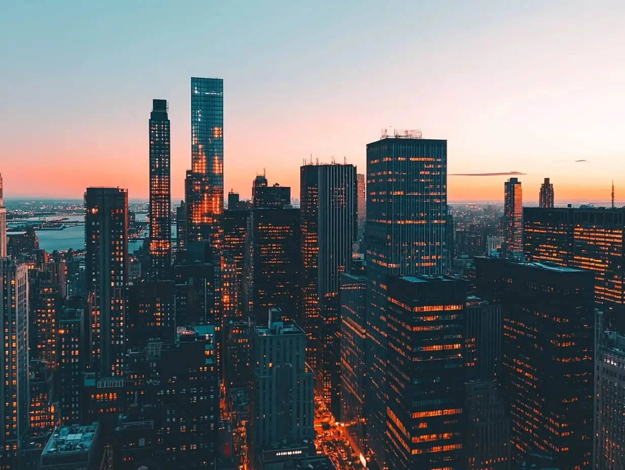 Dramatic American city skyline at sunset with tall buildings and glowing windows, perfect for national news website background